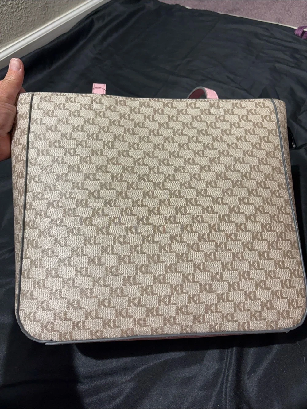 Karl Lagerfeld Beige Monogram Tote with Pink Trim